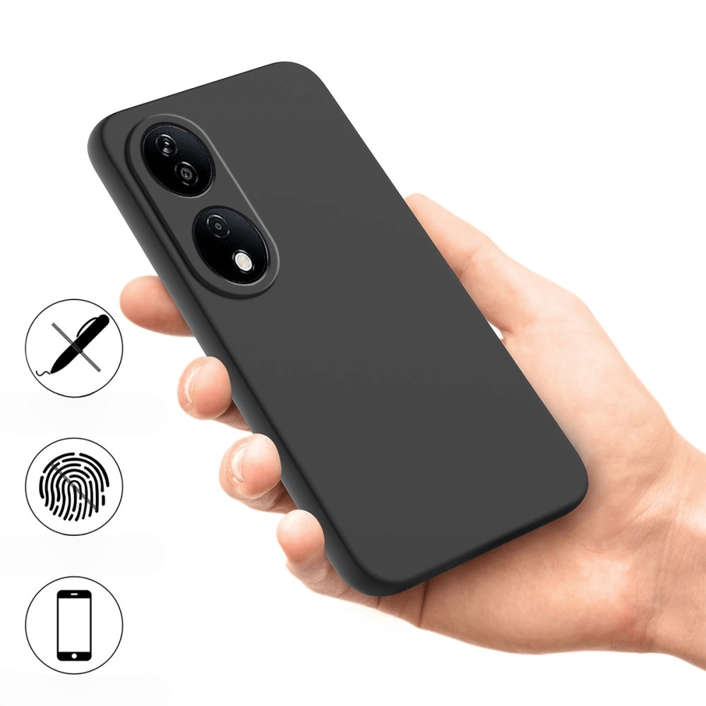 Una mano tiene una cover nera per telefono con tre icone accanto.