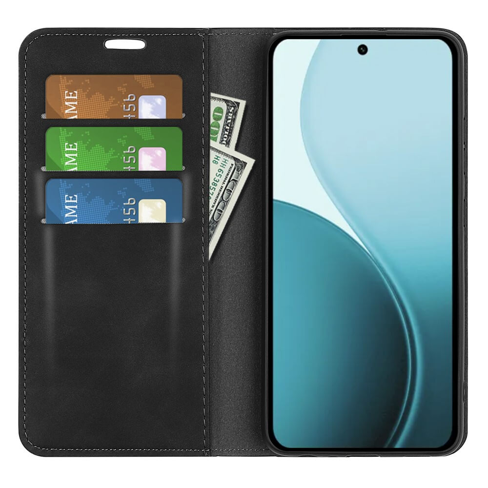 Custodia a portafoglio nera con telefono, carte di credito e dollari.