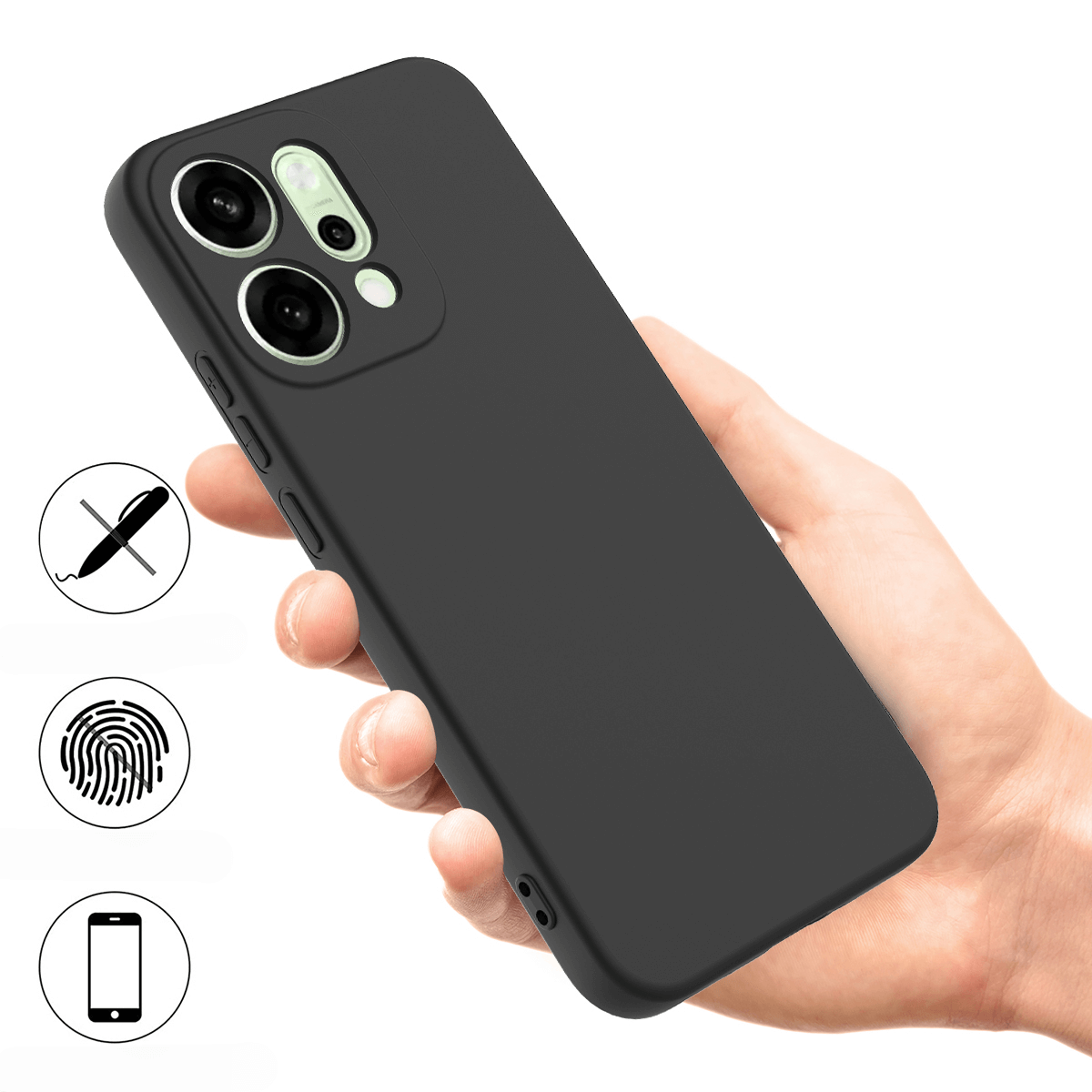 Una cover nera per telefono tenuta in mano. Icone: no penna, impronta, telefono.