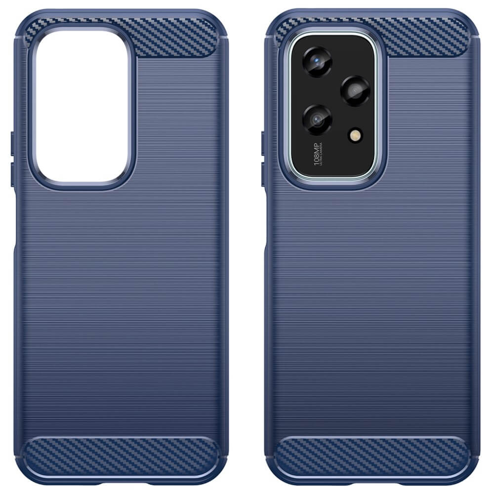 Due custodie per telefono blu una accanto all'altra. Una mostra il ritaglio della fotocamera.