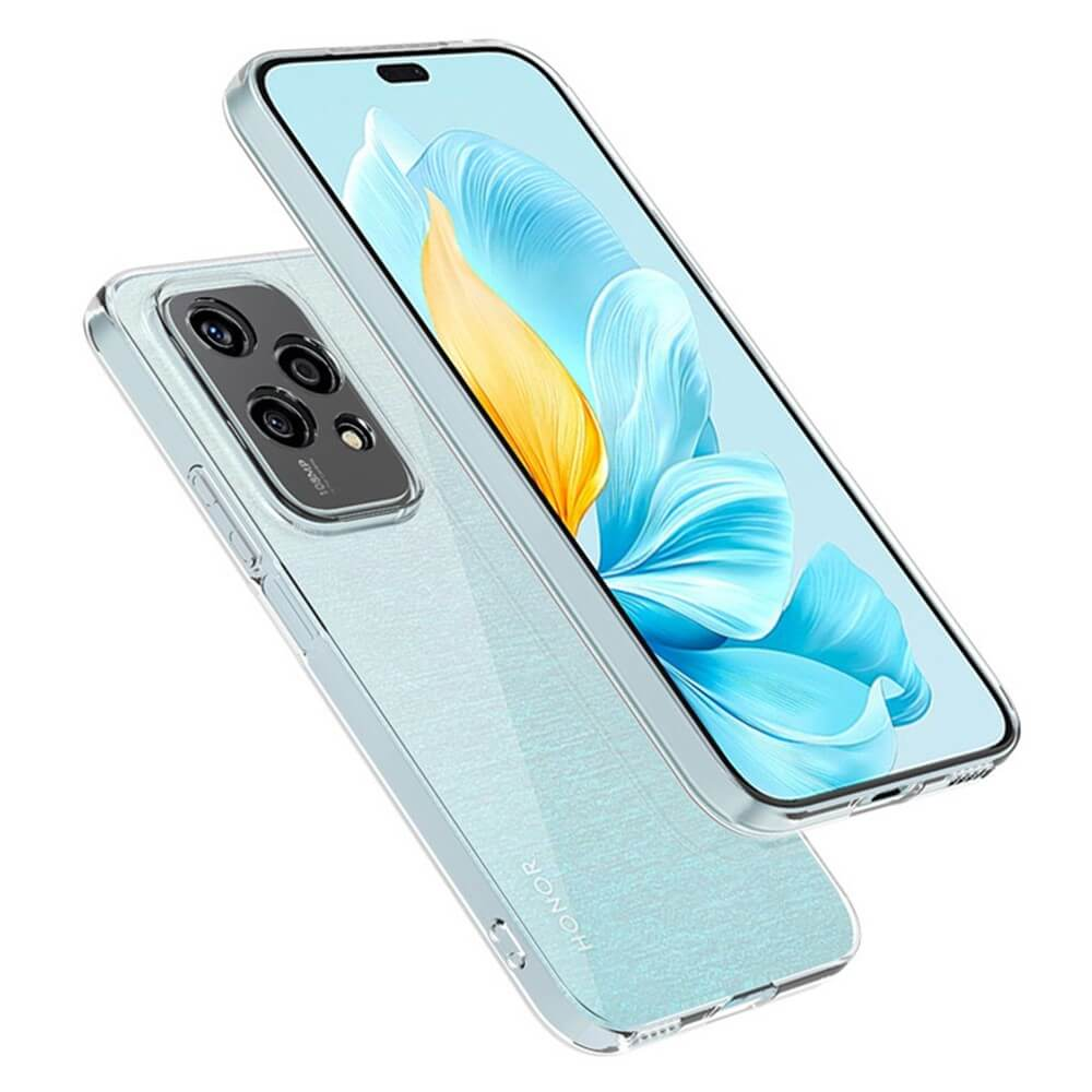 Uno smartphone Honor azzurro in custodia trasparente giace sopra un altro telefono.