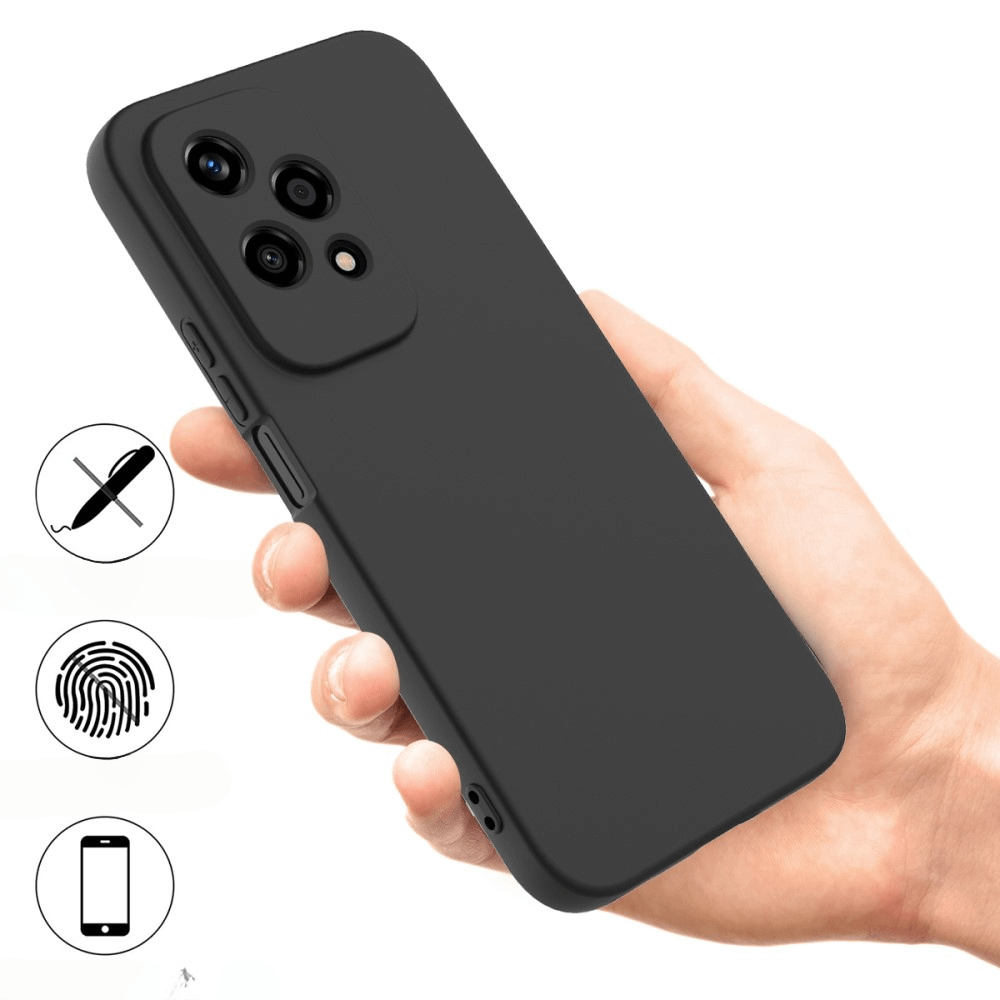 Una mano tiene una cover nera per telefono. Vengono mostrate icone per penna, impronta e telefono.