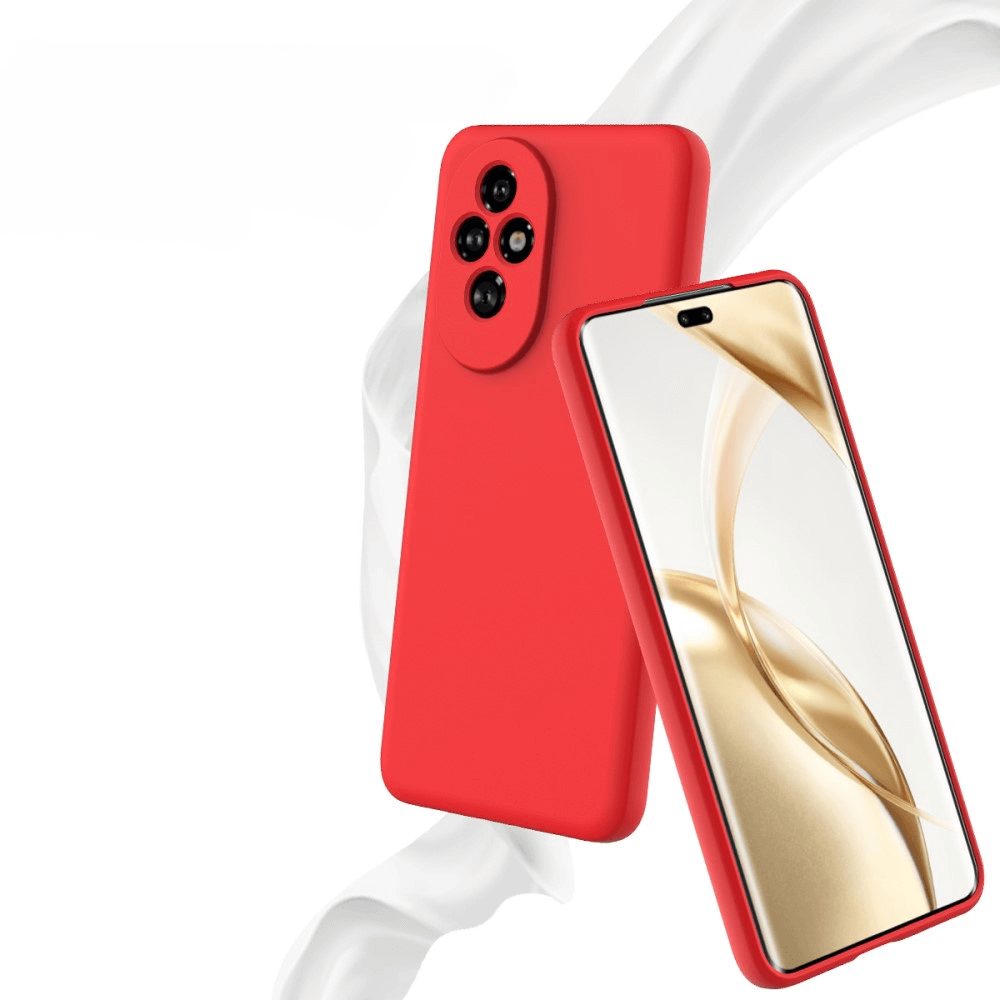 Cover rossa e smartphone con sfondo dorato su tessuto bianco fluido.