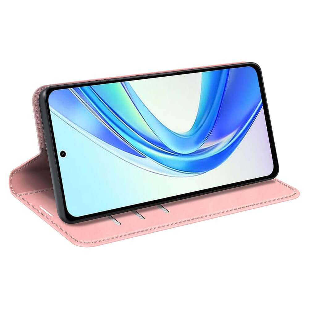 Una custodia rosa per telefono con uno smartphone che mostra uno schermo a onde blu.