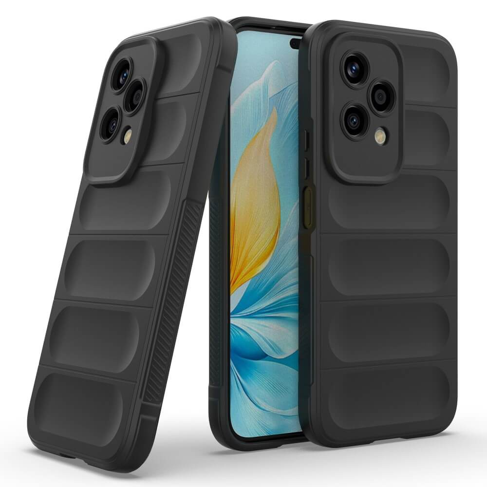 Due custodie nere per telefono con texture a coste. Una aperta, l'altra accanto.