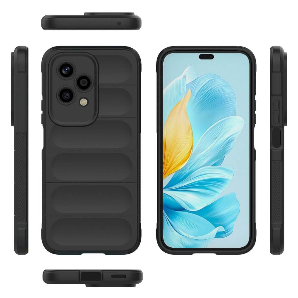 Cover nera per telefono con rialzo fotocamera e smartphone con sfondo blu e giallo.