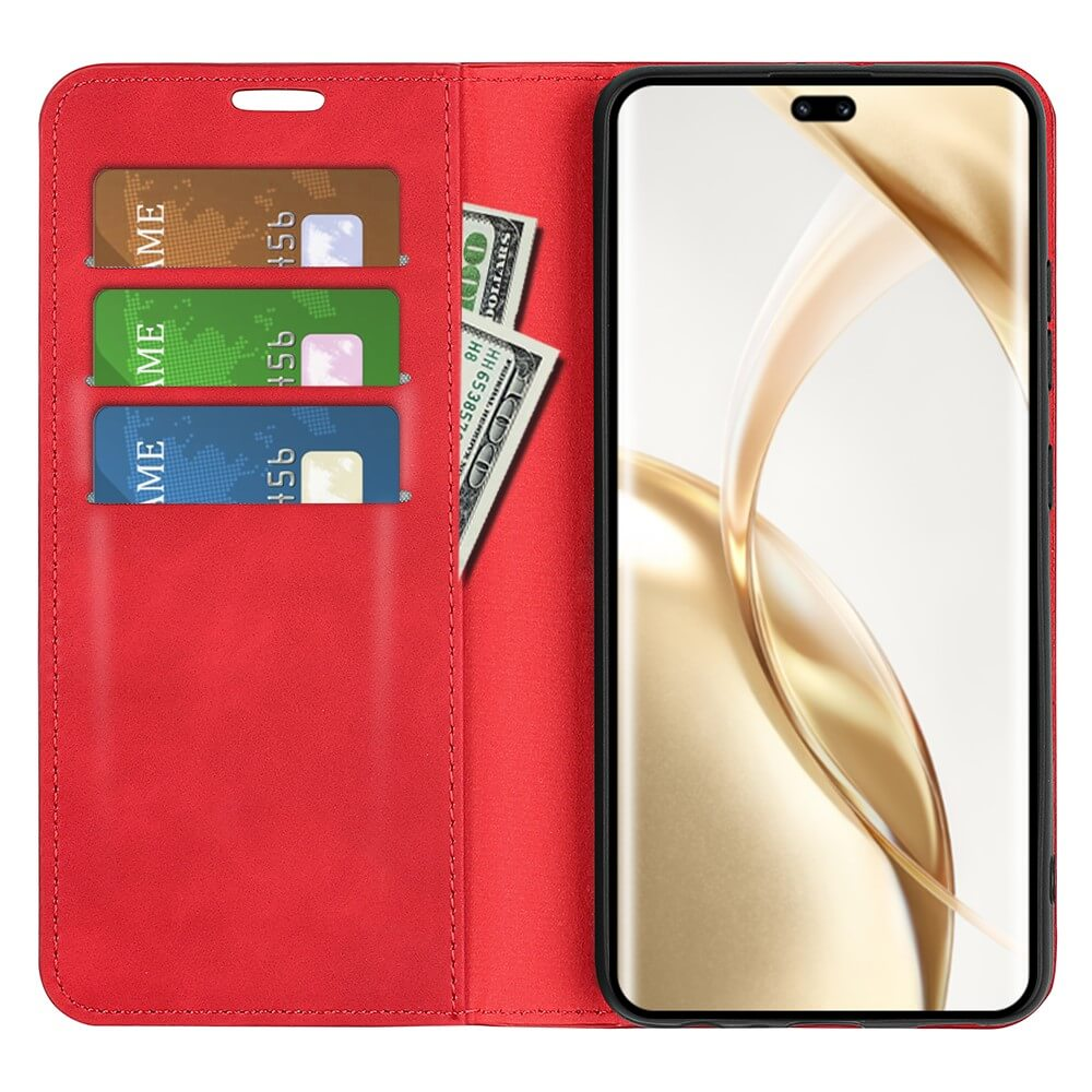 Étui de téléphone rouge avec fentes pour cartes et billets. Un téléphone est inséré.