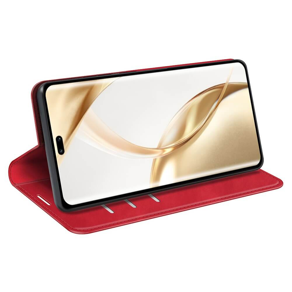 Étui rouge pour téléphone à clapet avec motif doré à l'écran, sur fond blanc.