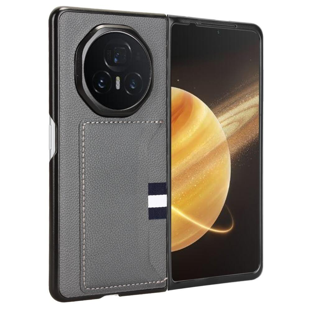 Coque de téléphone grise avec objectif et porte-cartes, à côté d'un smartphone ouvert.
