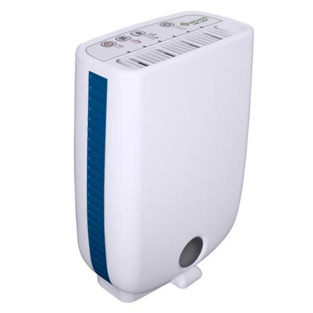 Witte luchtontvochtiger met blauwe rand en ventilatieopeningen bovenop.