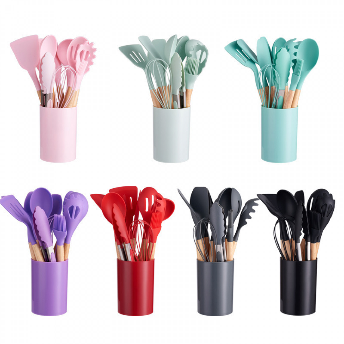 Küchenutensilien-Sets in Rosa, Mintgrün, Türkis, Lila, Rot, Grau und Schwarz.