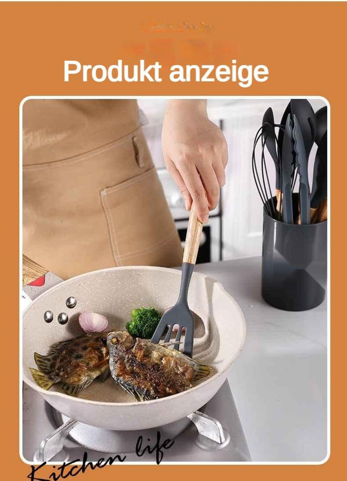 Person brät Fisch mit Brokkoli und Zwiebeln in einer Pfanne.