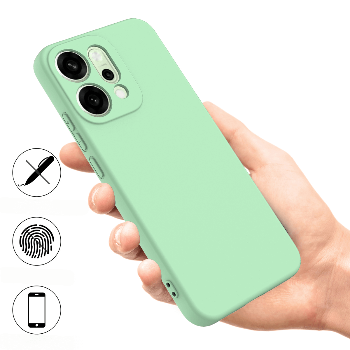 Une main tient une coque de téléphone vert clair avec trois icônes à côté.