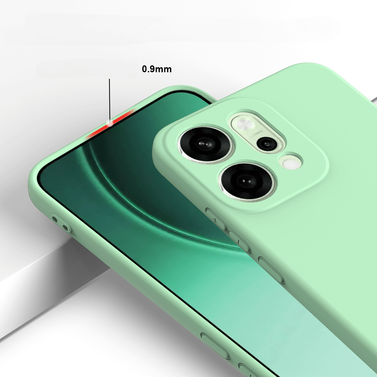 Une coque de téléphone vert clair de 0,9 mm d'épaisseur avec découpe caméra.