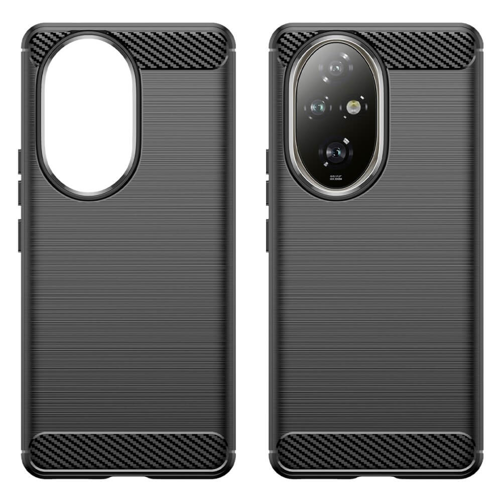 Deux coques de téléphone noires avec accents en fibre de carbone et découpe caméra.