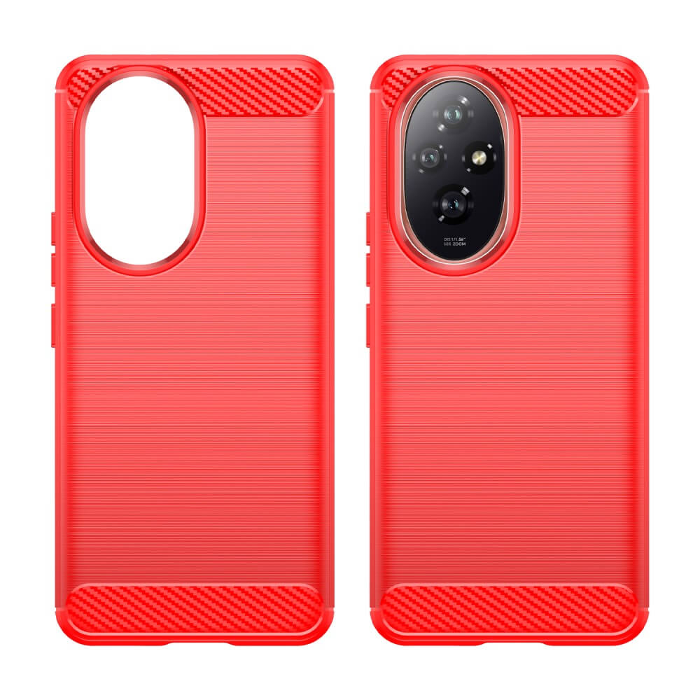 Deux coques de téléphone rouges côte à côte. L'une montre l'avant, l'autre l'arrière avec découpe caméra.