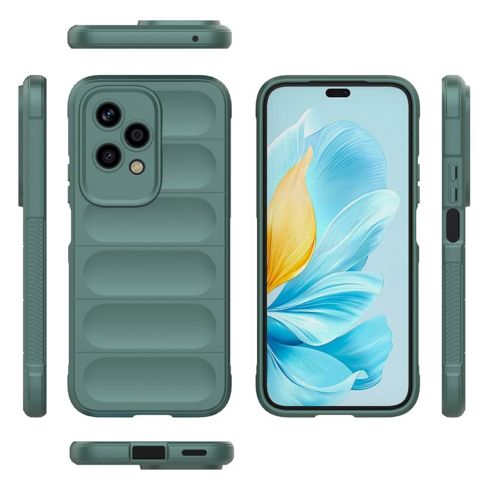 Coque de téléphone verte côtelée, vues avant et arrière, avec écran de smartphone.