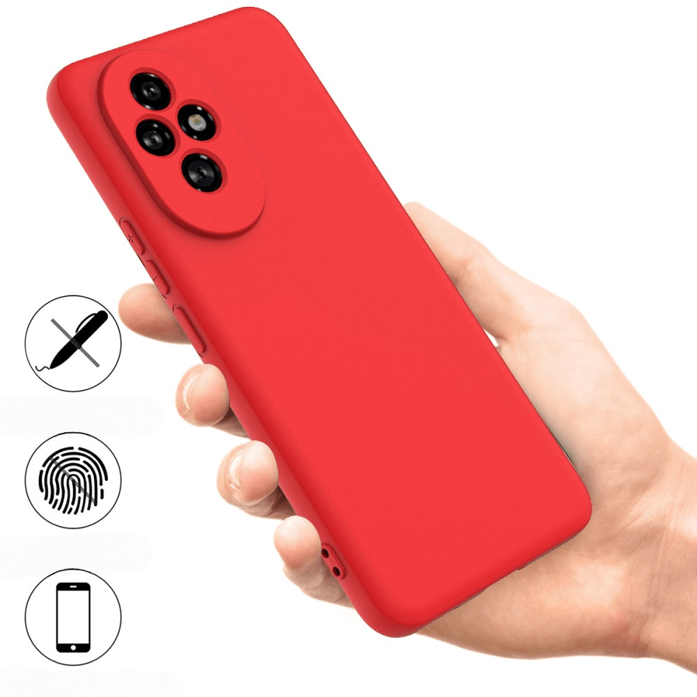 Coque rouge pour téléphone tenue en main, avec découpe caméra. Icônes stylo, empreinte, téléphone.