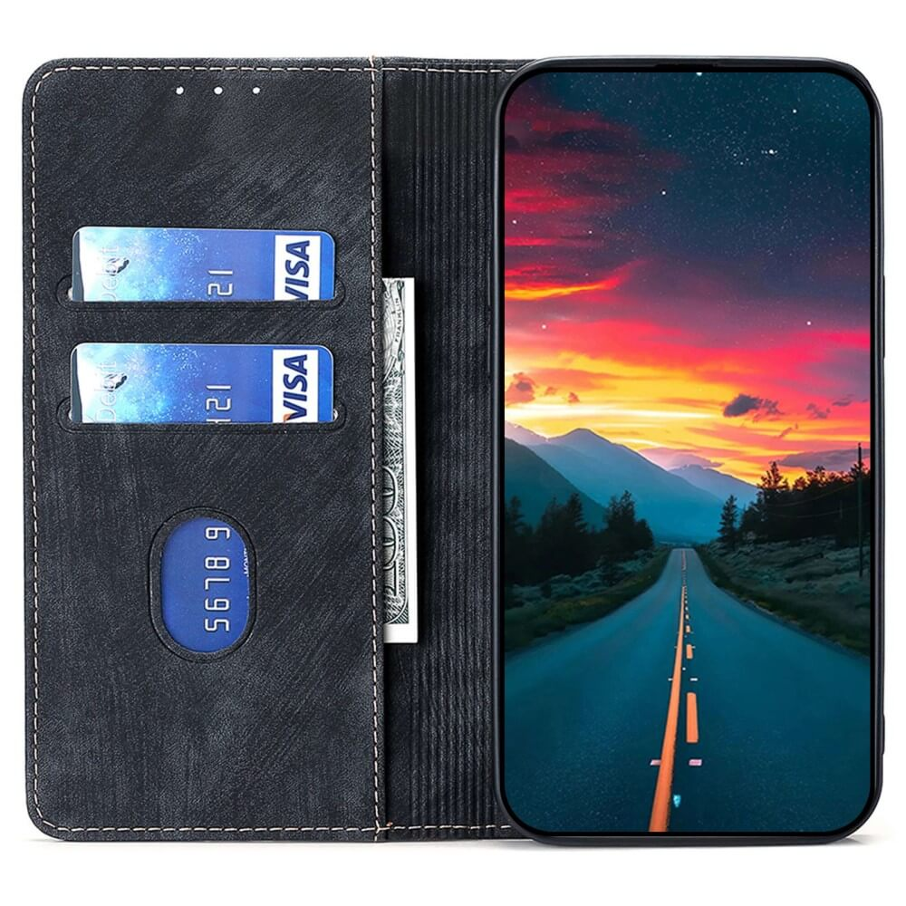 Étui portefeuille noir avec deux cartes Visa, argent et un smartphone affichant un paysage de montagne.
