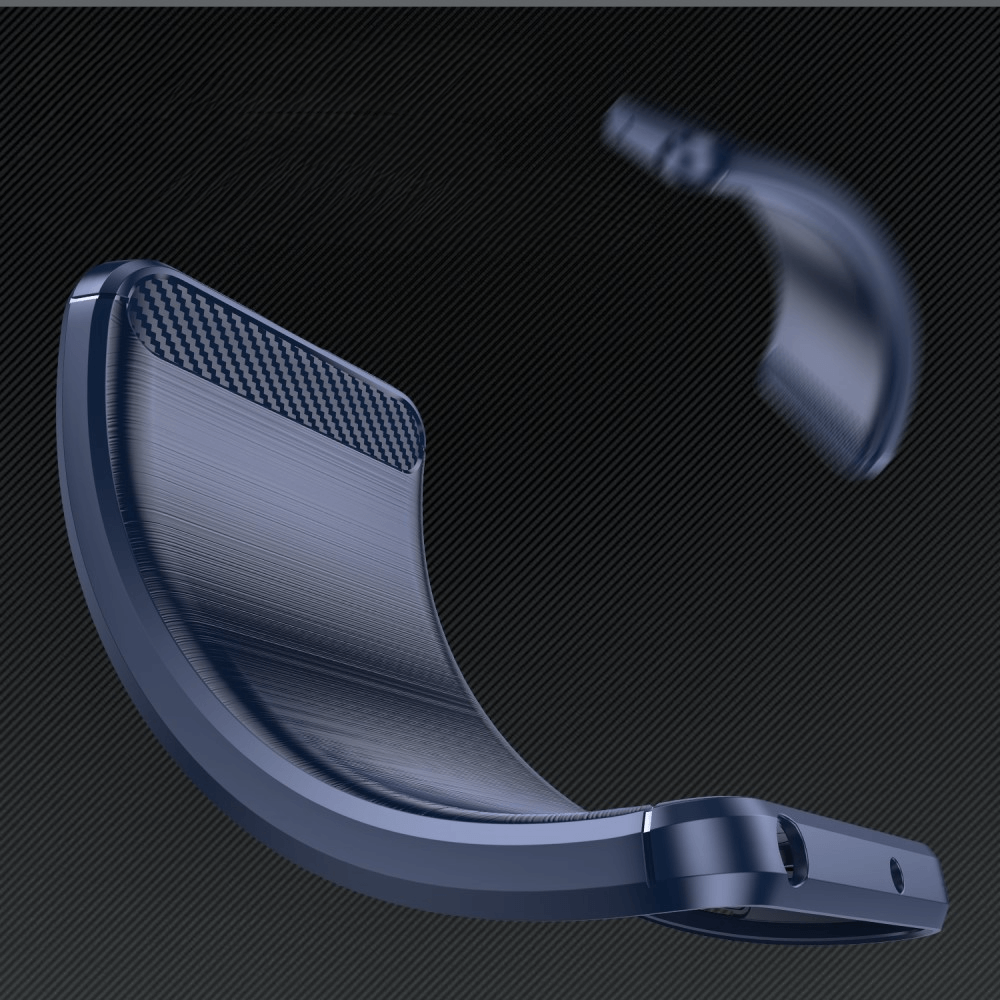 Cadre de coque de téléphone bleu avec accents carbone sur fond noir.