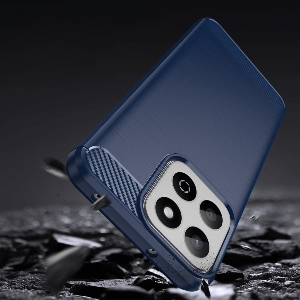 Coque de téléphone bleu foncé avec découpe caméra sur surface rocheuse.