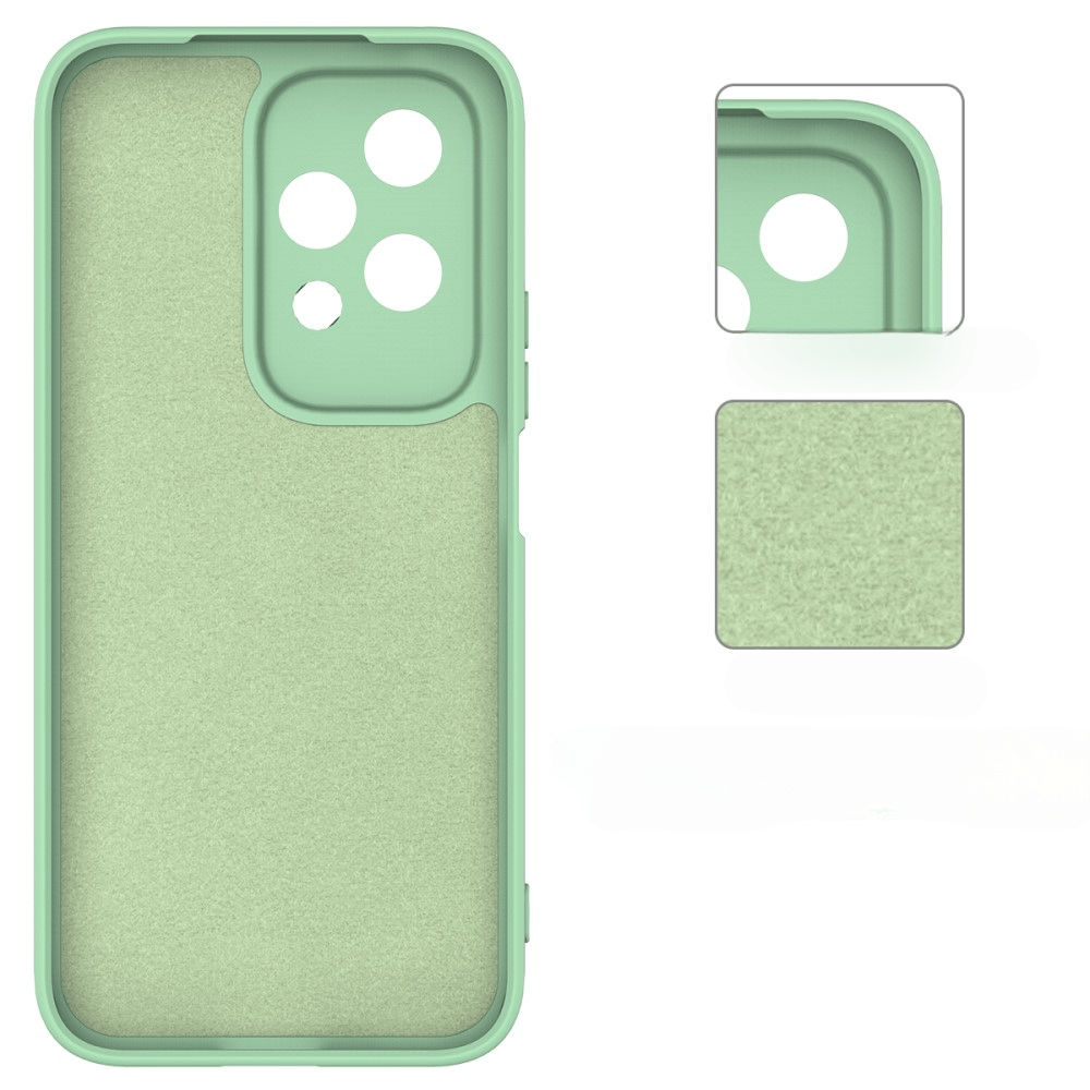 Coque de téléphone vert clair avec découpes caméra et boutons.