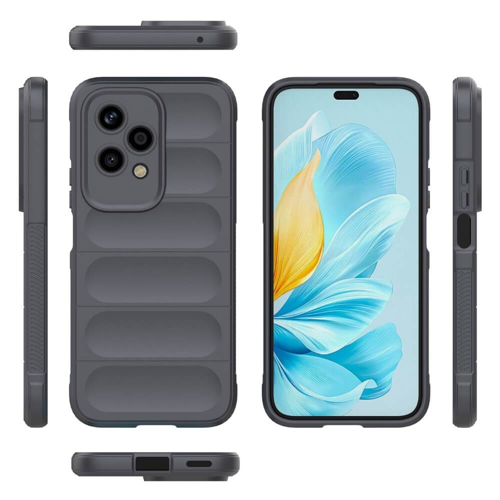 Coque de téléphone grise avec objectifs de caméra et vues latérales.