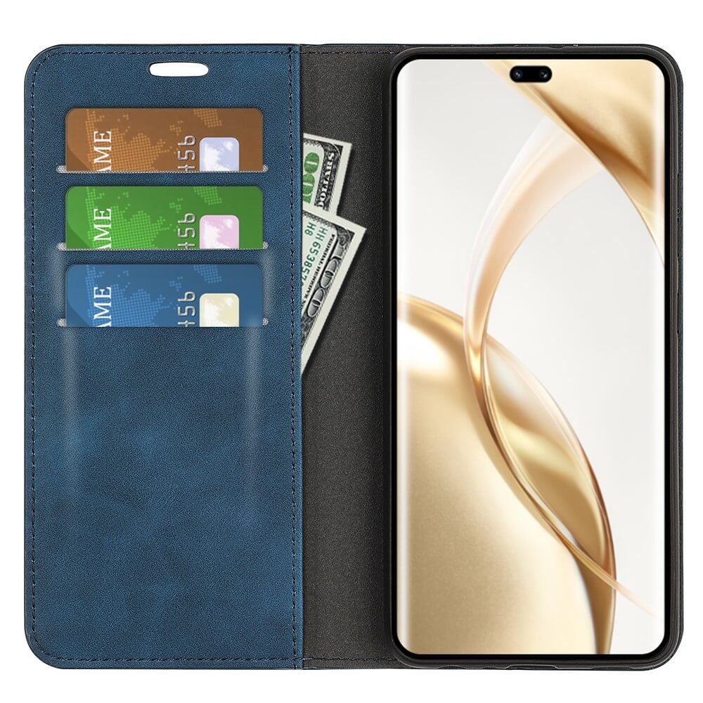 Un étui de téléphone bleu avec fentes pour cartes, un billet de 100 $ et un téléphone.
