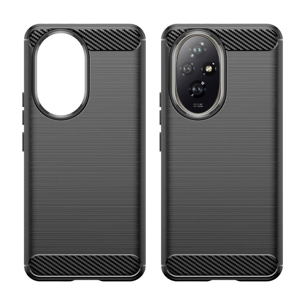 Deux coques de téléphone noires côte à côte, avec des accents en fibre de carbone.