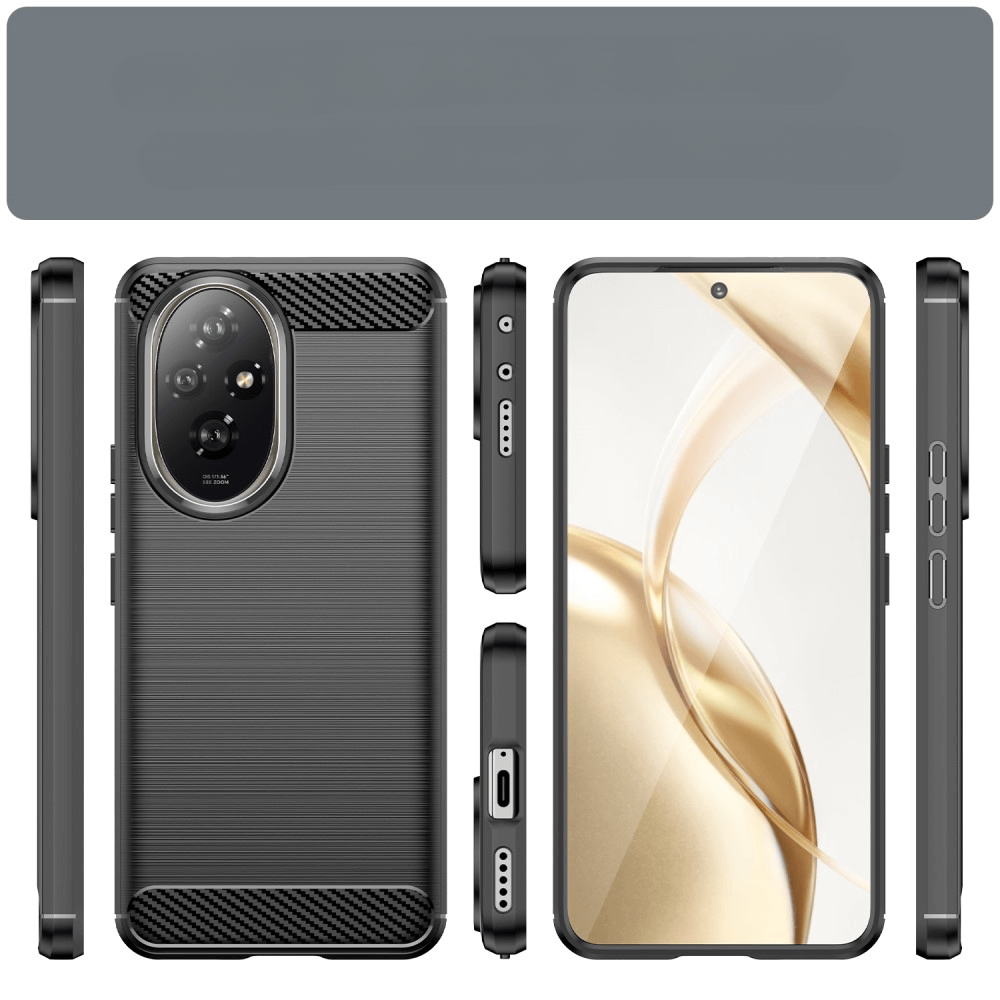 Trois vues d'une coque de téléphone noire à côté d'un téléphone.