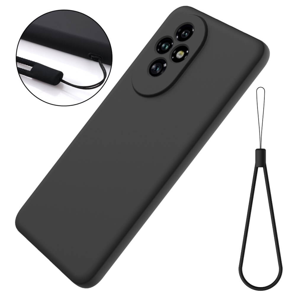 Coque noire pour téléphone avec protection caméra et dragonne.