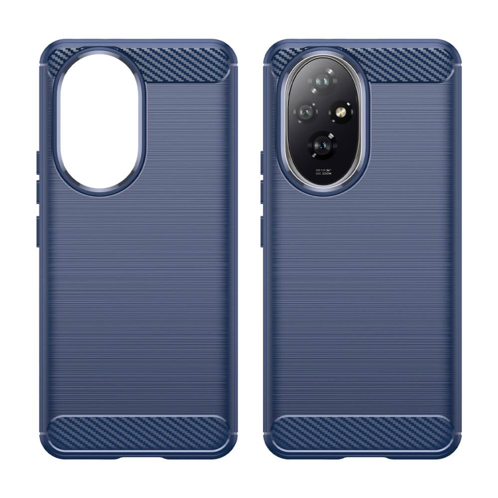 Coque de téléphone bleu foncé avec bords à motif carbone et protection.