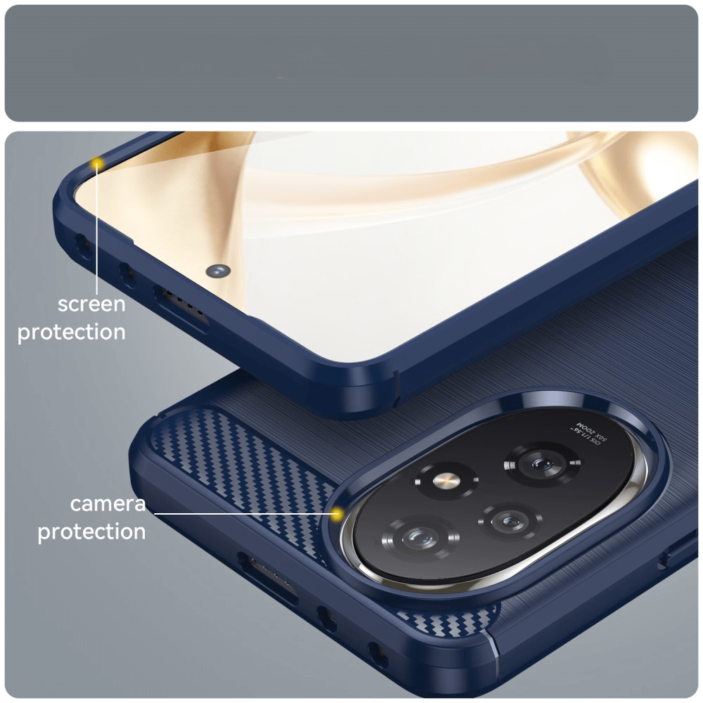 Coque de téléphone bleu foncé à motif carbone, protection caméra et écran.
