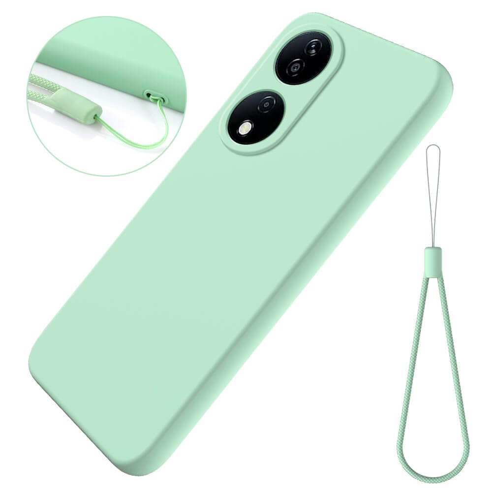 Une coque de téléphone vert clair avec dragonne, sur fond blanc.