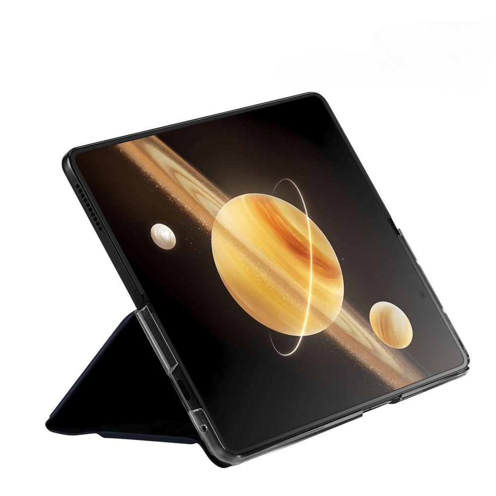 Une tablette affichant une scène de planète avec des anneaux, ressemblant à Saturne.