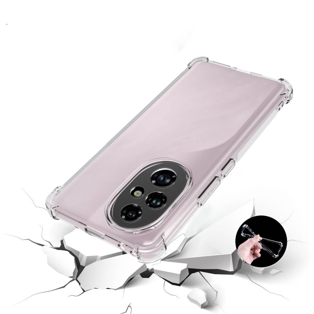 Une coque de téléphone transparente aux coins renforcés repose sur du blanc brisé.
