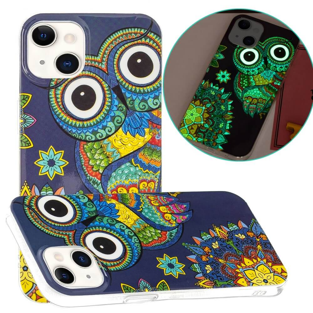 Custodia per telefono blu scuro con design mandala gufo colorato. Brilla al buio.