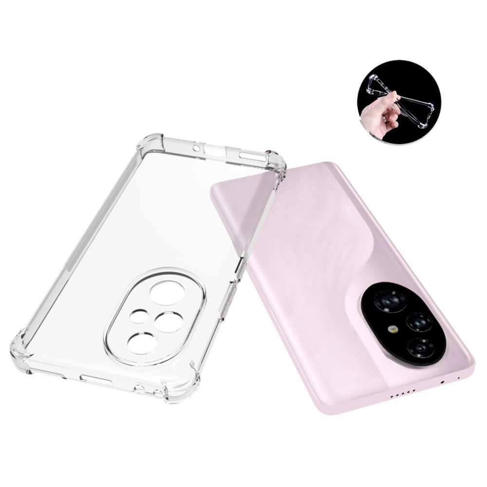 Une coque de téléphone transparente repose à côté d'un smartphone rose.