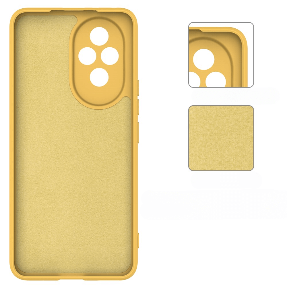 Coque de téléphone jaune avec découpes pour appareil photo et boutons.