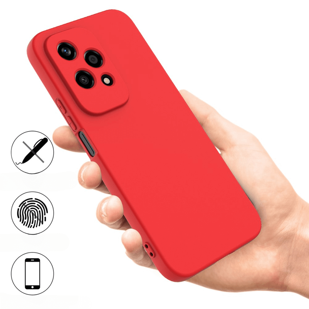 Une coque de téléphone rouge tenue en main, avec des icônes de stylo, empreinte digitale et téléphone.