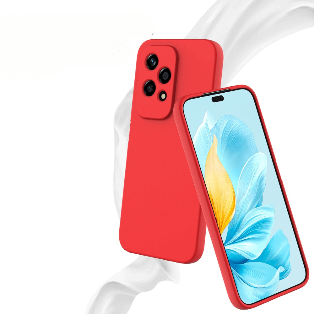 Coque de téléphone rouge avec module caméra et écran à motif floral.