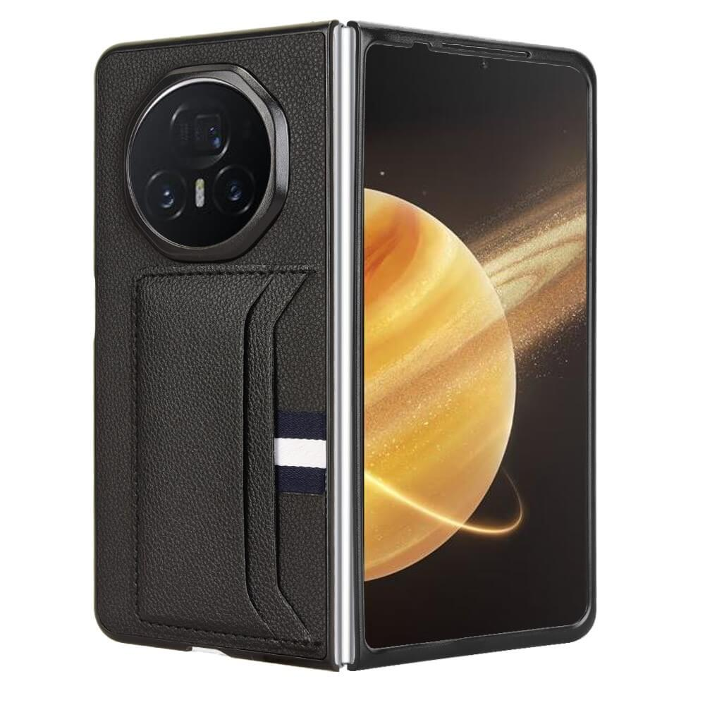 Téléphone noir avec porte-cartes et module caméra circulaire, ouvert avec écran lumineux.