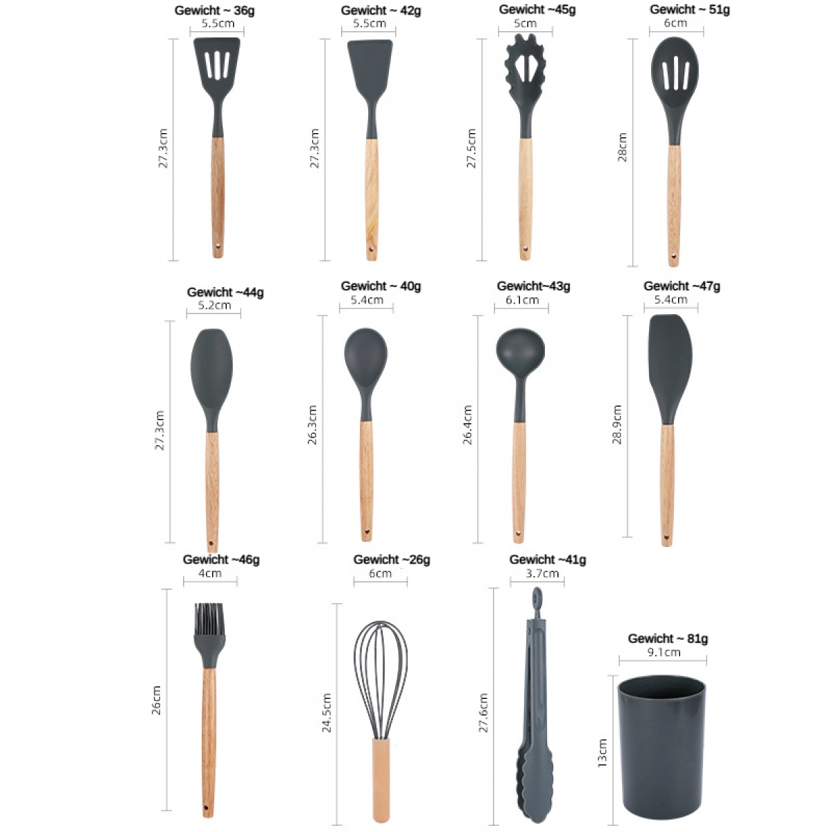 Küchenutensilien mit Holzgriffen: Spatel, Löffel, Schöpflöffel, Schneebesen, Zange, Becher.