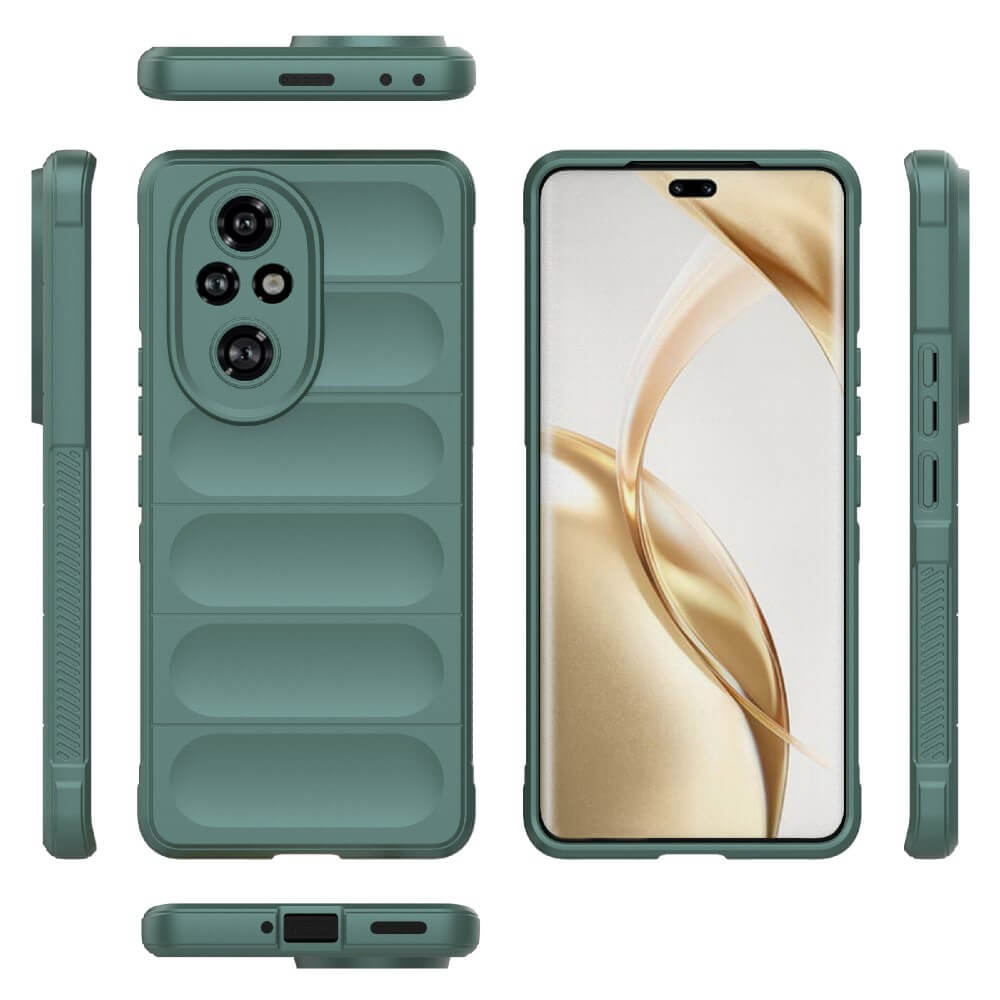Coque de téléphone verte en plusieurs vues, montrant la zone caméra et le téléphone.