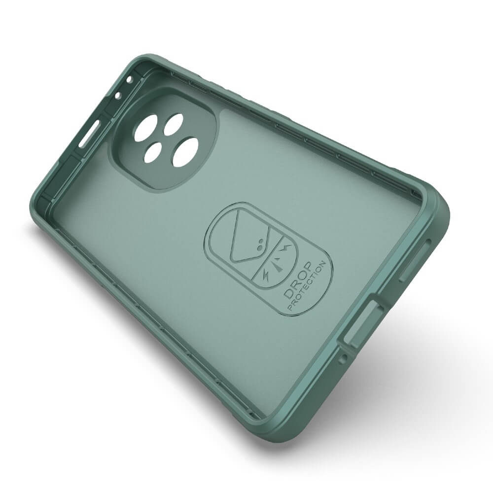 Coque de téléphone verte avec logo "Drop Protection", gros plan.