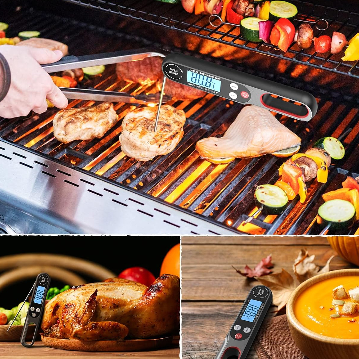 Ein digitaler Fleischthermometer prüft Hähnchen, Lachs und Spieße auf einem Grill.