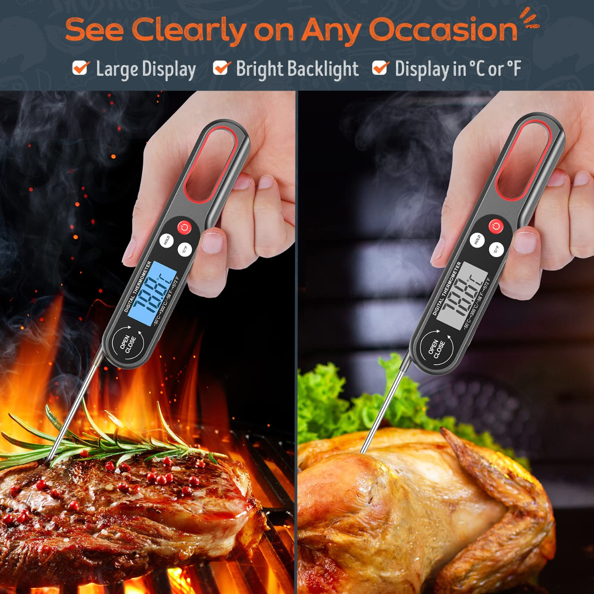 Digitales Thermometer misst Steak und Brathähnchen auf einem Grill.
