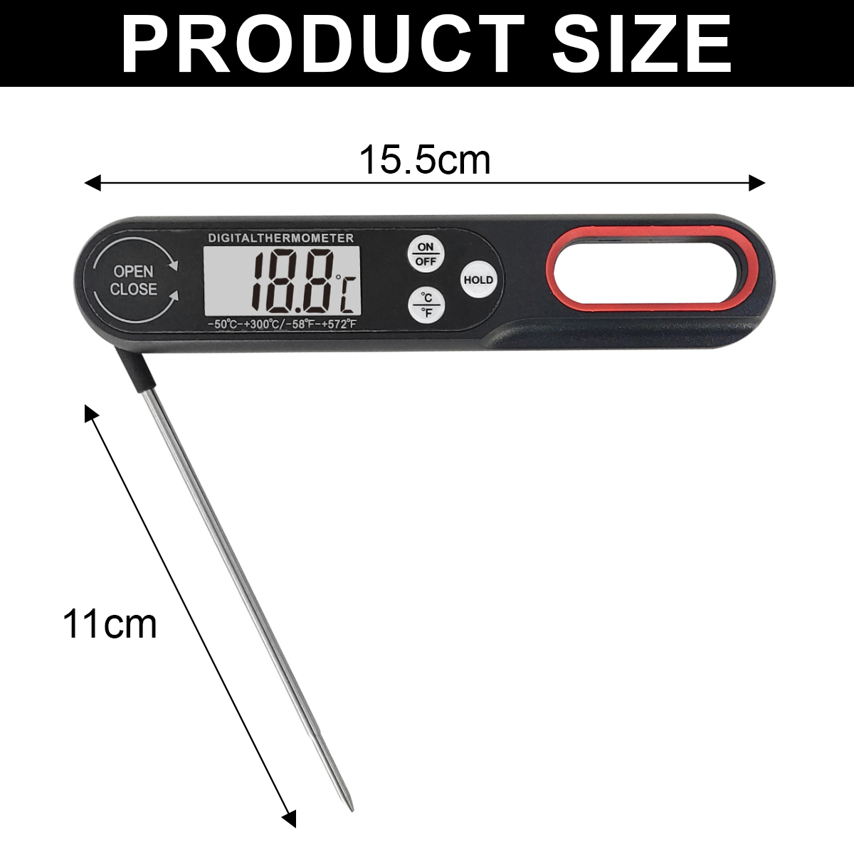 Digitales Thermometer mit 15,5 cm Länge und 11 cm Sonde.