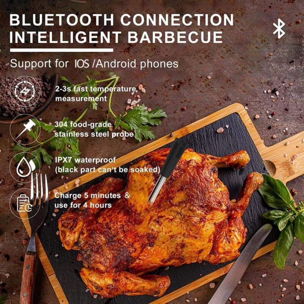 Ein Brathähnchen auf einem Brett mit einem Thermometer darin. Beinhaltet Text über Bluetooth.