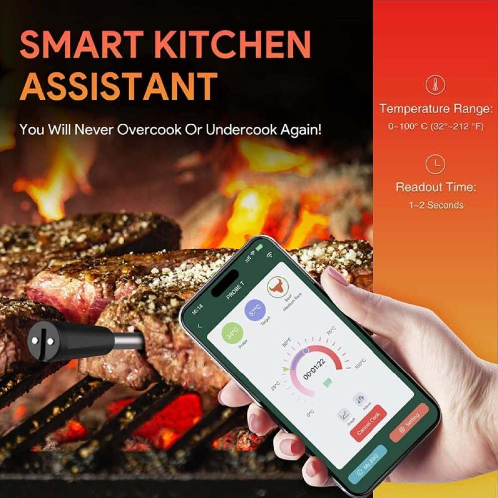 Ein Fühler ist in gegrillte Steaks eingeführt, ein Handy zeigt Temperatur und Timer.